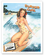 Surfer Girl - Retro Woodie with Surfboards and Surfing Pin-up Girl - Fine Art Prints & Posters