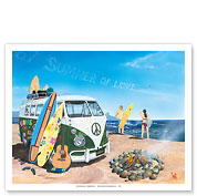 Summer of Love - Classic VW Volkswagen Van on Beach with Surfboards - Fine Art Prints & Posters