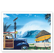 Break Time - Retro Woodie on Beach with Surfboards - Big Wave Surfer - Fine Art Prints & Posters