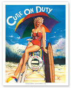 Cutie on Duty - Beach Pin-up Girl - Life Guard - Fine Art Prints & Posters