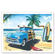 Old Friends - Retro Woodie on Beach with Surfboards - Fine Art Prints & Posters