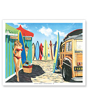 Peek-a-Boo - Retro Woodie with Surfboards and Pin-up Girl - Fine Art Prints & Posters