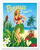 Paradise Awaits - Pin-up Beauty in Grass Skirt - Fine Art Prints & Posters