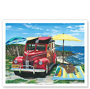 Palisades Picnic - Retro Woodie Car with Surfboards - Fine Art Prints & Posters