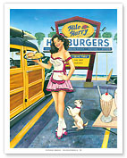 Car Hop Cutie - Retro Woodie with Surfboards and Pin-up Girl - Fine Art Prints & Posters