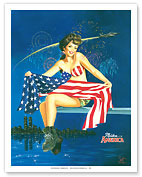 Maiden America - Patriotic Pin-up Girl with American Flag - Fine Art Prints & Posters