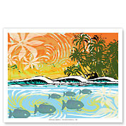 Aloha Woodcut - Hawaii Wave, Fish and Palm Trees - Fine Art Prints & Posters