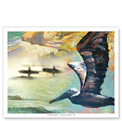 California Coast - Surfers and Pelican - Fine Art Prints & Posters