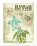 Hawaii Paradise of the Pacific - Turtles (Honu) Hawaiian Islands Map - Giclée Art Prints & Posters