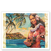 Hawaiian Girl With Ukulele - Waikiki Beach and Diamond Head - Fine Art Prints & Posters