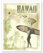 Hawaiian Surfer - Hawaii Paradise of the Pacific - Giclée Art Prints & Posters