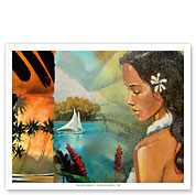 Moorea Girl - Tahiti - Sailboat, Palms and Ginger Flowers - Fine Art Prints & Posters