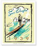 San Onofre (San 'O) California 1939 - Surfer on Longboard - Fine Art Prints & Posters