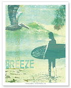 Offshore Breeze - Surf Girl and Pelican - Fine Art Prints & Posters