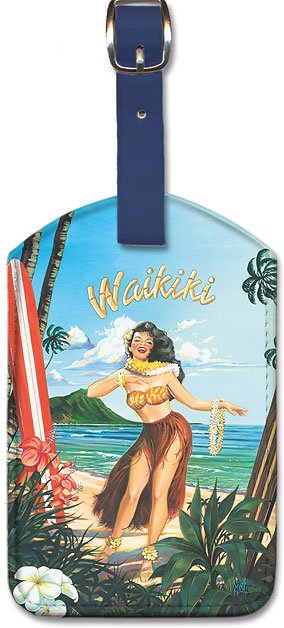 Leatherette Travel LUGGAGE TAG Baggage Label ALOHA HAWAII Hula Girl Dancer BEACH 