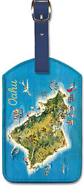 The Island of Oahu Hawaii - Pictorial Map - Hawaiian Leatherette Luggage Tags