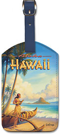 Aloha Hawaii - Hula Girl Playing Ukulele - Mokoli'i Island (Chinaman's Hat) - Hawaiian Leatherette Luggage Tags