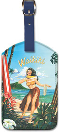 Waikiki Hawaii - Hula Girl Dancer - Hawaiian Leatherette Luggage Tags