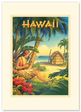 Hawaii - Hula Dancer with Ukulele - Hawaiian Premium Vintage Collectible Blank Greeting Card
