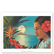 Aloha Moonrise - Hula Girl - Full Moon over Diamond Head Crater - Fine Art Prints & Posters