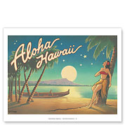Aloha Hawaii - Full Moon over Diamond Head - Giclée Art Prints & Posters