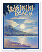 Waikiki Beach, Hawaii - See the Moonrise In Paradise - Diamond Head Crater - Giclée Art Prints & Posters