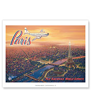 Over Paris, France - Pan American World Airways - Eiffel Tower - Boeing 377 Stratocruiser - Fine Art Prints & Posters