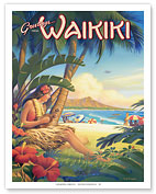 Greetings from Waikiki, Hawaii - Ukulele Hula Girl - Diamond Head Crater - Fine Art Prints & Posters