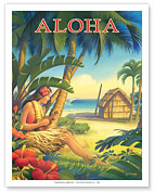 Aloha - Hawaii - Hula Dancer with Ukulele - Giclée Art Prints & Posters
