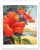 Hibiscus Beach Day - Waikiki Beach - Red Hibiscus - Giclée Art Prints & Posters