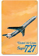 Boeing Super 727 Jet Airplane - United Airlines - c.1969 - Metal Sign Art