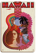 Hawaii - Hawaiian Ukulele - Psychedelic Flower Power Art - c. 1960 - Wood Sign Art