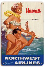 Hawaii - Northwest Orient Airlines - Hawaiian Tandem Surfing - Wood Sign Art