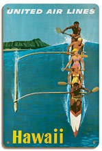 United Air Lines, Hawaii, Outrigger Canoe - Wood Sign Art