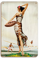 Hawaiian Woman In Sarong - Wood Sign Art