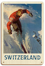 Switzerland - Alps Skiing - c. 1950's - Wood Sign Art