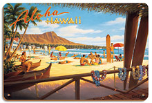 Aloha Hawaii - Diamond Head Crater - Royal Hawaiian Hotel - Waikiki Beach - Wood Sign Art