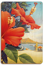 Hibiscus Beach Day - Waikiki Beach - Red Hibiscus - Wood Sign Art