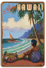 Aloha Hawaii - Hawaiian Woman watching Outrigger Canoe (Wa'a) - Wood Sign Art