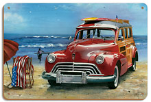 Surfin USA - Retro Woodie Car with Surfboards on Beach - Wood Sign Art