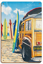 Beach Cruiser Kids - Retro Woodie on Beach with Surfboards - Wood Sign Art