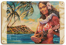 Hawaiian Girl With Ukulele - Waikiki Beach and Diamond Head - Wood Sign Art